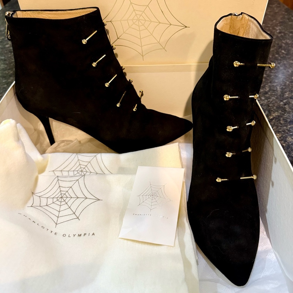 IN BOX! Charlotte Olympia Jacqueline Pierced Suede Italian Leather Heels Booties